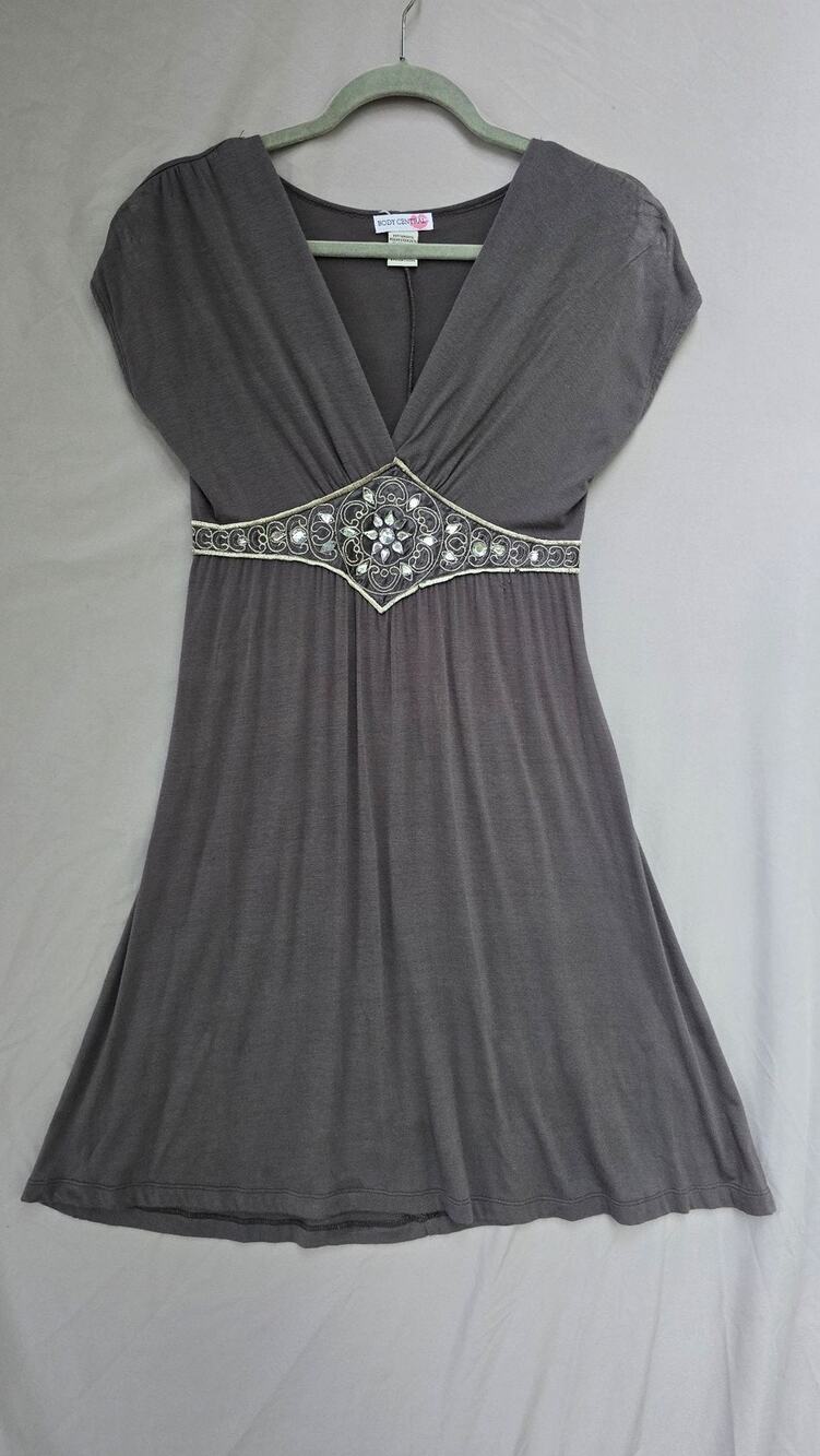 Y2K Body Central Dress Womens Small Gray Rhinestone Empire Waist Sundress *hole